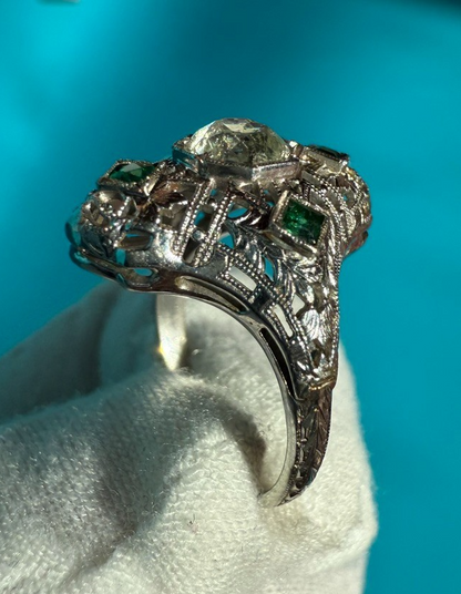 Wonderful Antique Art Deco Period 14k - 18k White Gold Ring W/ Glass Diamond2