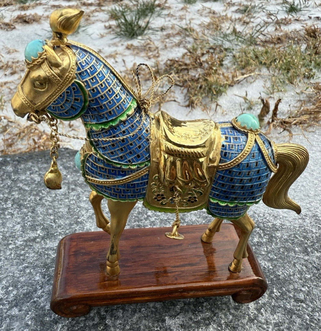Majestic Chinese Vintage Enamel Gilt Export Silver  Horse w/ Turquoise Gems1