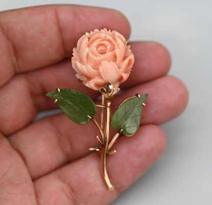 Gorgeous Carved Natural Coral & Leafy Green Jade 14k Gold Flower Brooch Pin1