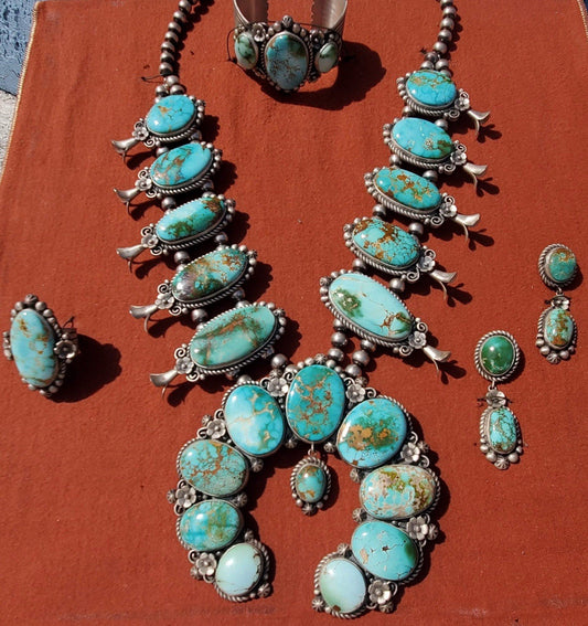Native American Turquoise &Sterling Squash Blossom Jewelry Set By Maynard Garcia0