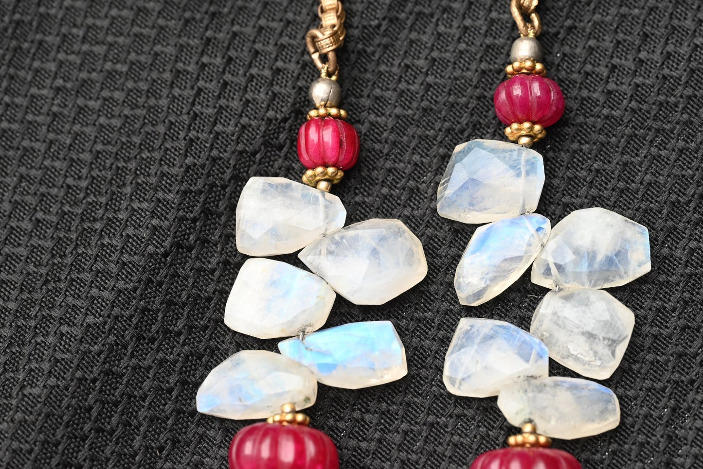 Gold Gilt Sterling Silver Necklace with Moonstone Petals & Red Ruby Gems11