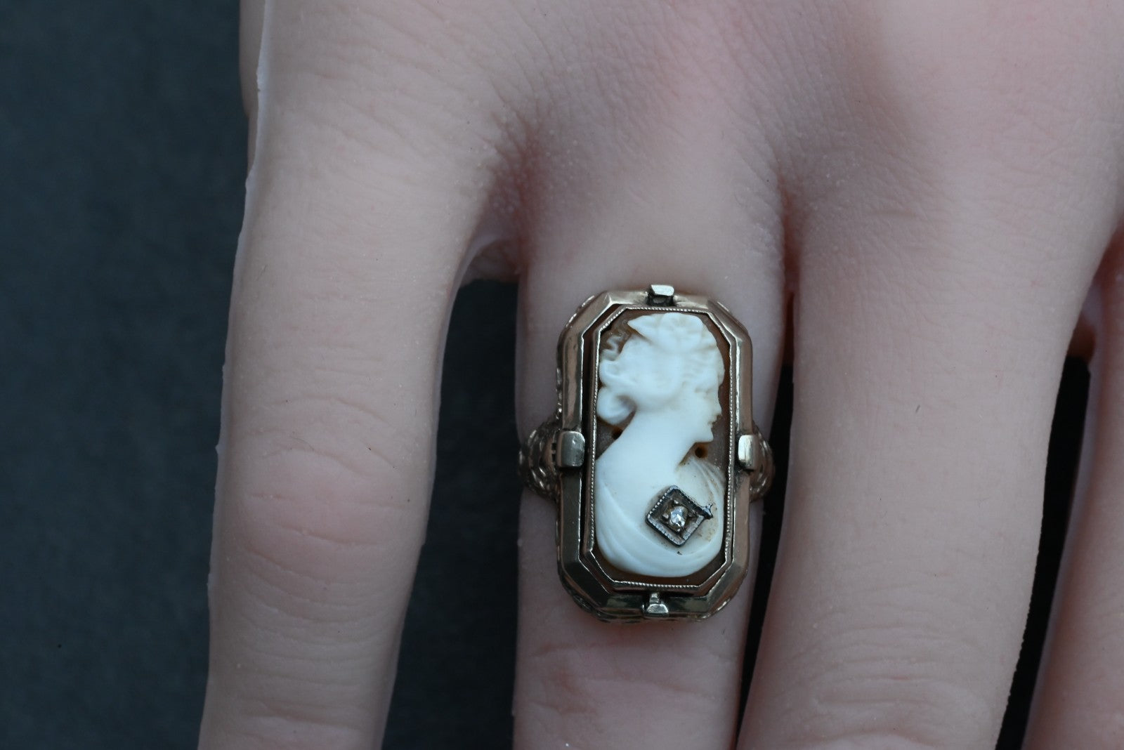 Superb Antique Carved Cameo & Black Onyx Flip Ring in 14k White Gold Ring2