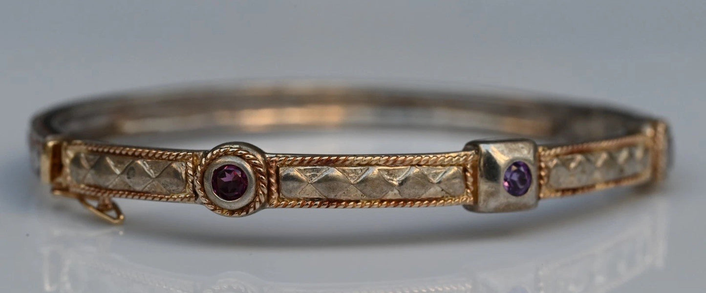 Elegant Hinged Bangle Textured Design & Amethyst Accent Stones 14k 925 Sterling4