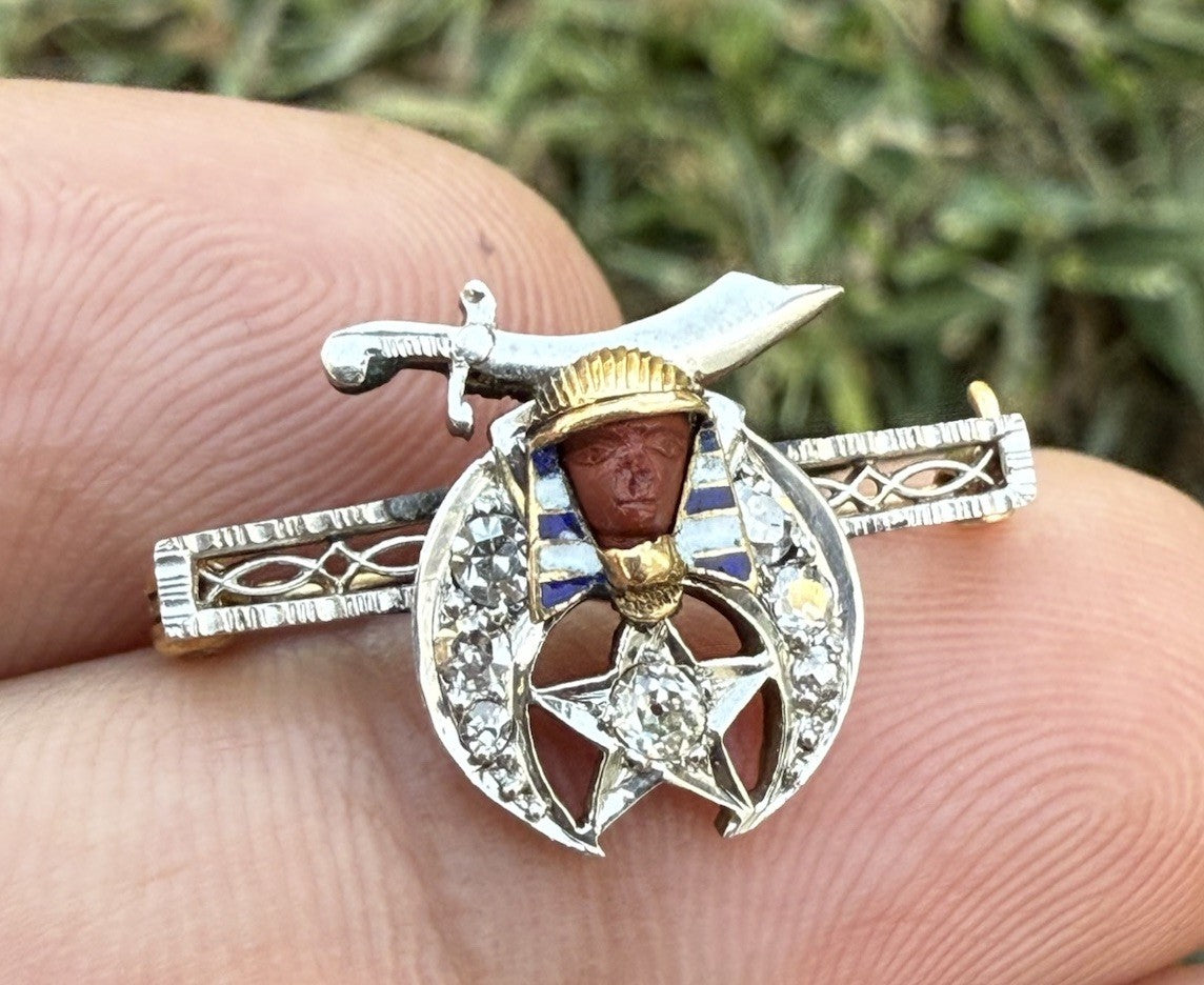 High Quality Antique 1900s Mason Masonic Egyptian Pharaoh 14k & Diamond Brooch3