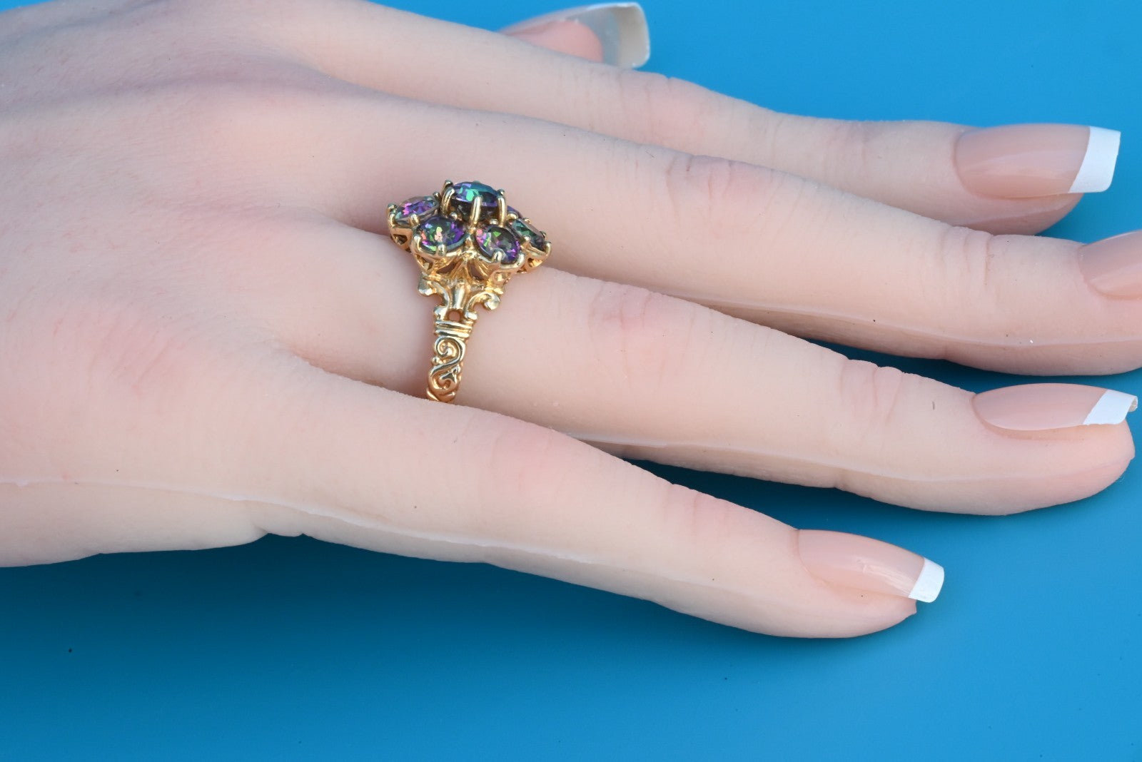 Gorgeous Mystic Fire Topaz Gemstone Floral Design 10K Yellow Gold Ring9