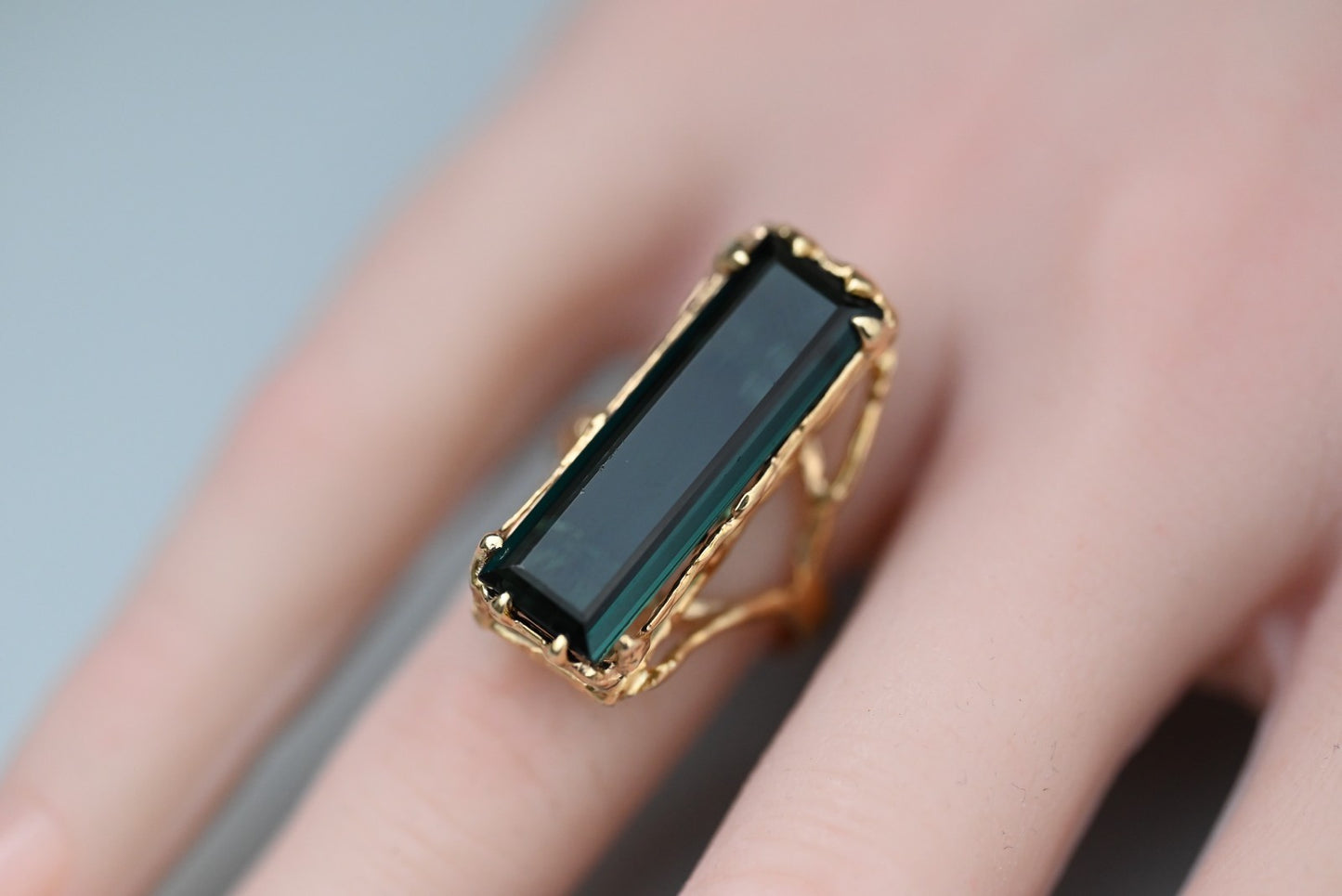 Beautiful Elongated Green Tourmaline Statement Ring in 14K Yellow Gold1