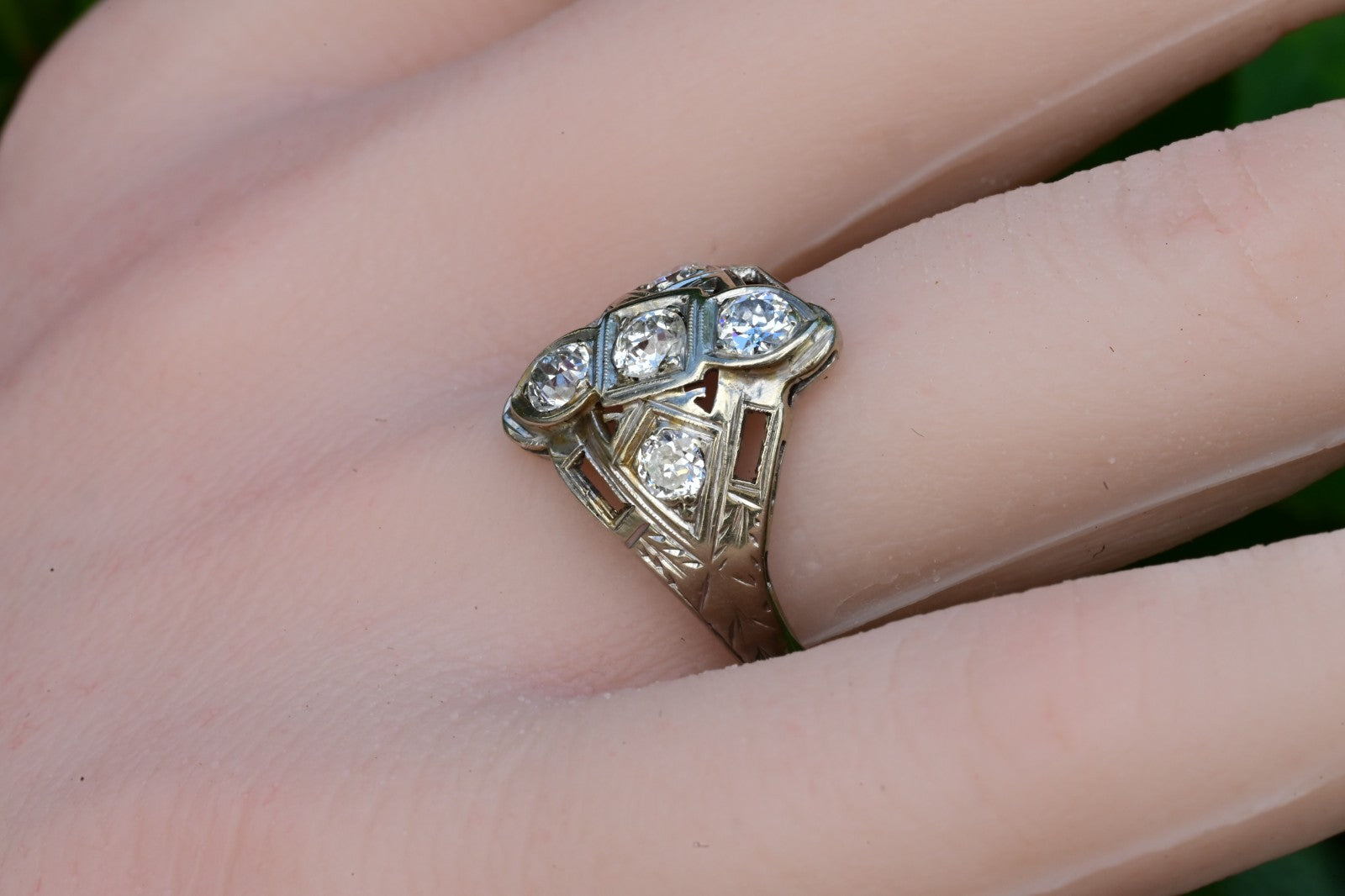 Exquisite Geometric Open Filigree Art Deco Old European Cut Diamond Cluster Ring1