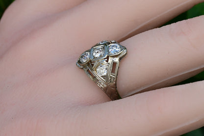 Exquisite Geometric Open Filigree Art Deco Old European Cut Diamond Cluster Ring1
