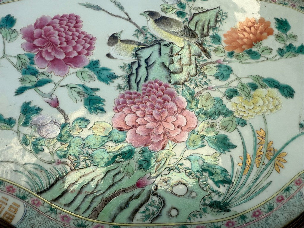 Large 20" Chinese Antique 1900s Porcelain Serving Tray with Enameled Black Birds8