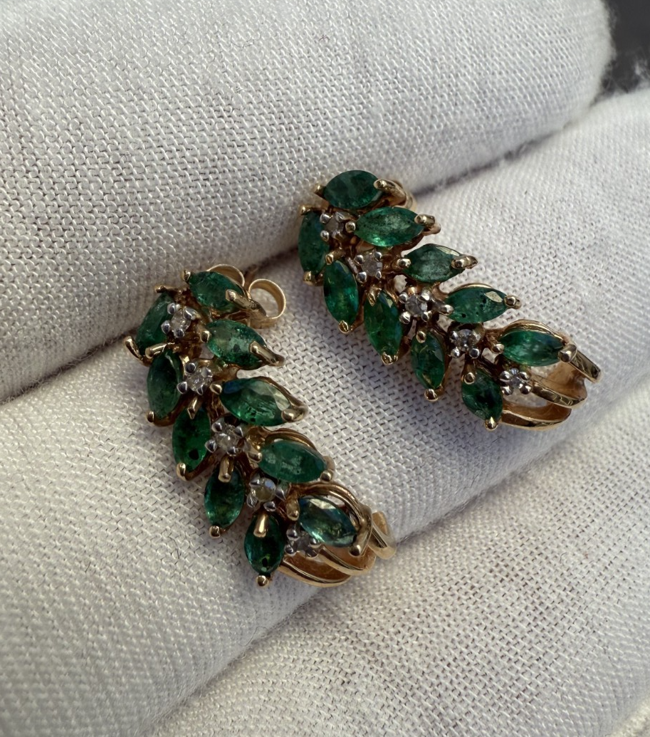 Pair of Natural Emerald Drop Earrings with Diamond Accents in 14K Yellow Gold9