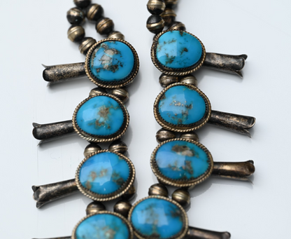 Native American Deep Blue Turquoise & Sterling Silver Squash Blossom Necklace3