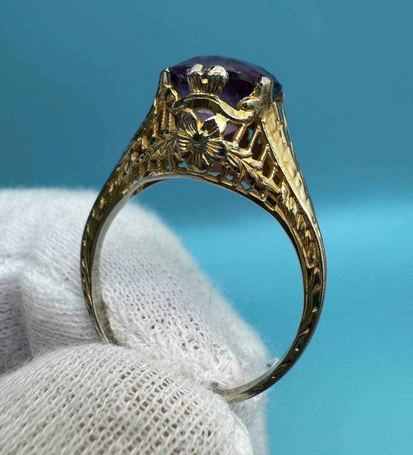 Awesome Antique Edwardian / Art Deco 1900s 14k Yellow Gold Filigree Ring 4