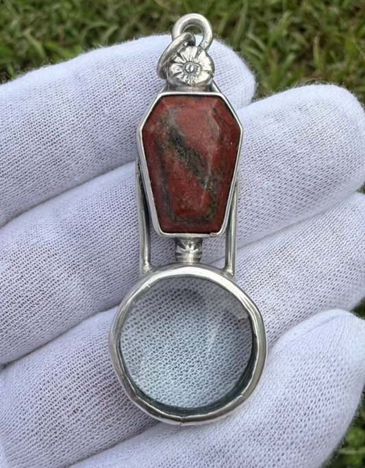 Signed MS Sterling Silver Southwest Jewelers Loupe W/ Red Hardstone0