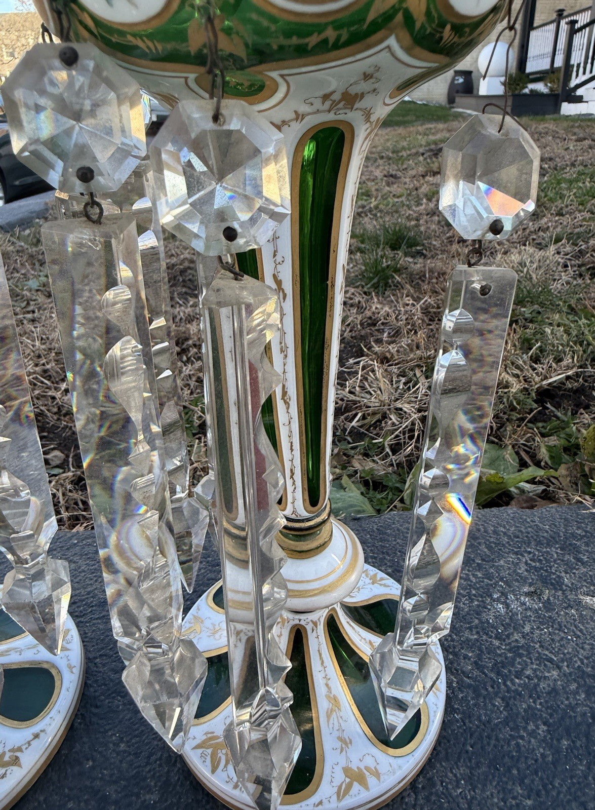 Antique 19th C. Bohemian Moser Glass Emerald Green Enameled & Gilt Lustres12