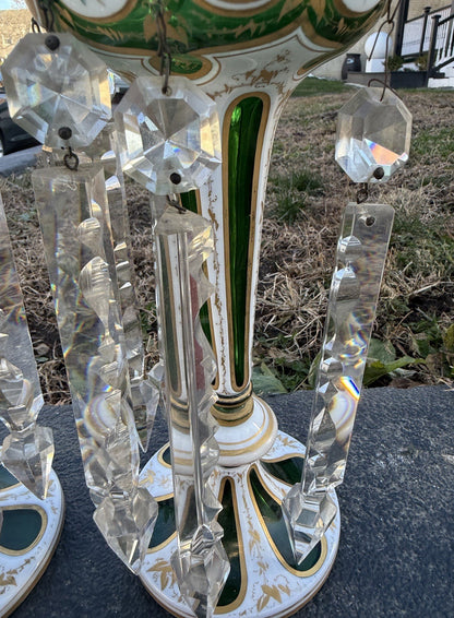 Antique 19th C. Bohemian Moser Glass Emerald Green Enameled & Gilt Lustres12