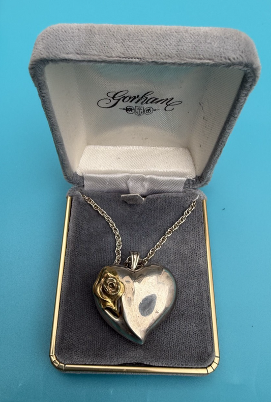 Gorham Sterling Silver Puffy Heart Pendant Necklace with a Gold-Plated Flower0