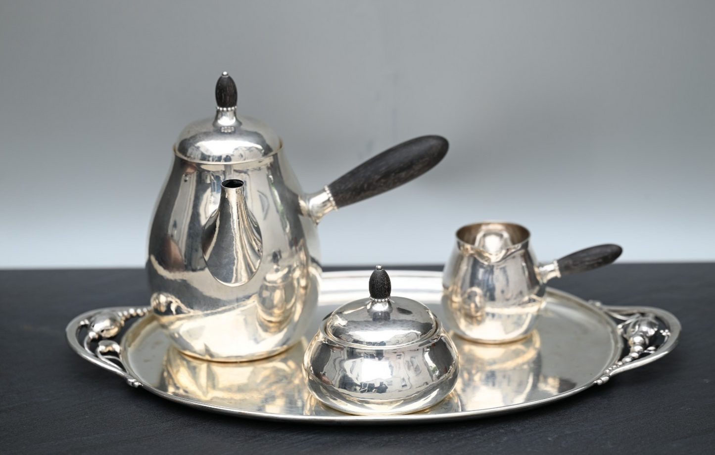 Georg Jensen Sterling Silver 3-Piece Tea / Coffee Set with Blossom Pattern Tray0