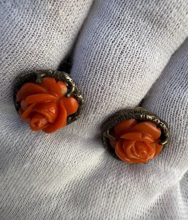 Gorgeous Antique Victorian Natural Coral & Gilt Silver Earrings2