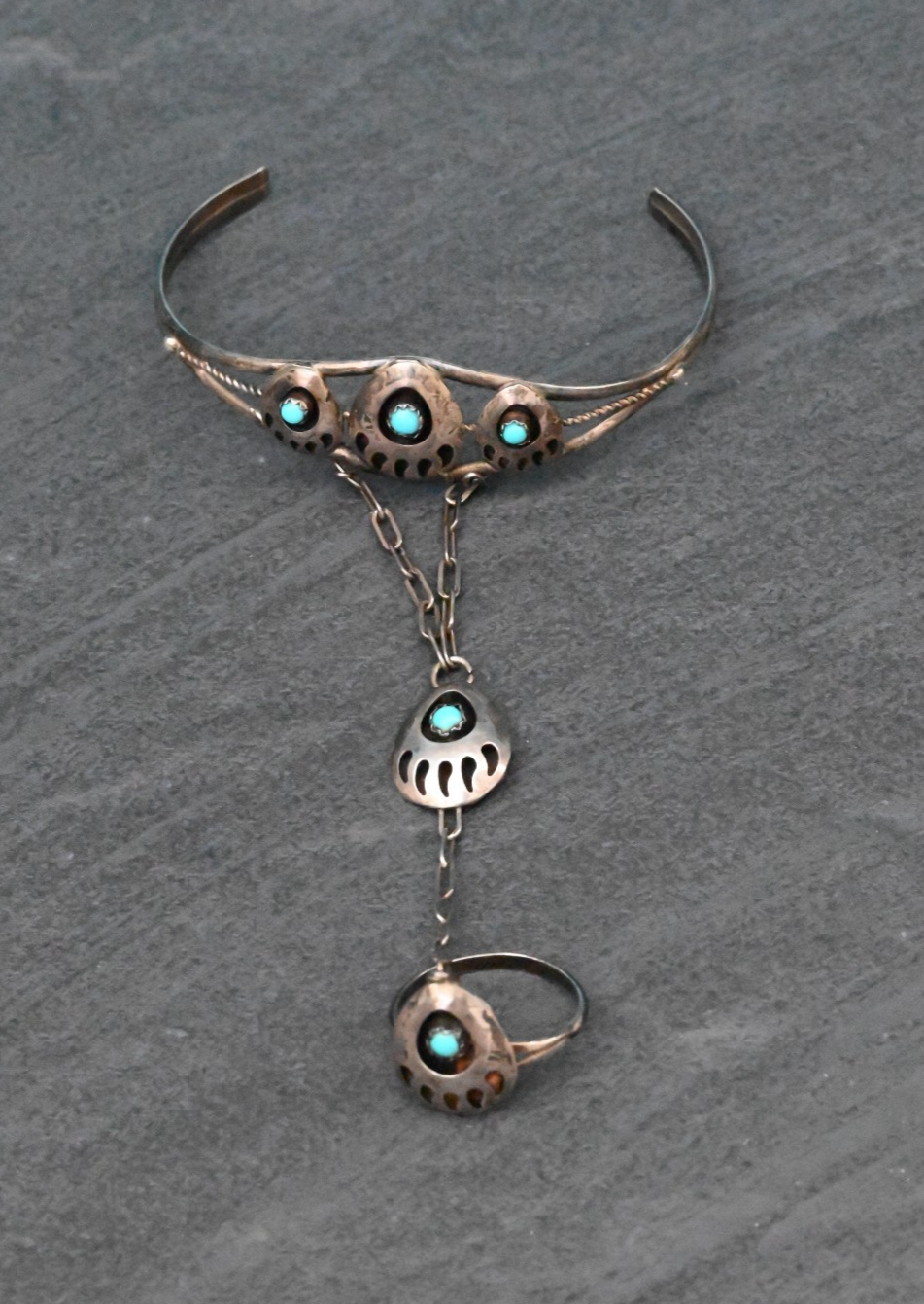 Early Vintage Southwestern Slave Bracelet with Turquoise Gems Bearpaw Motif0