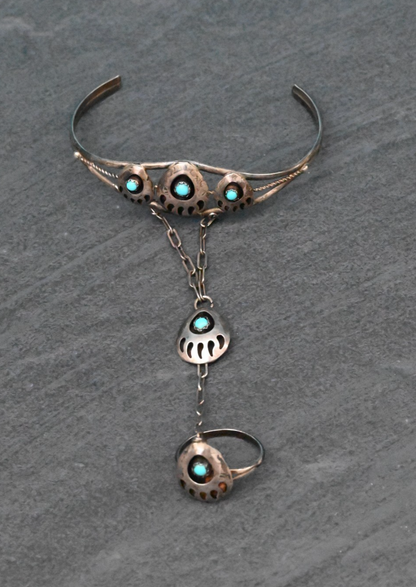 Early Vintage Southwestern Slave Bracelet with Turquoise Gems Bearpaw Motif0