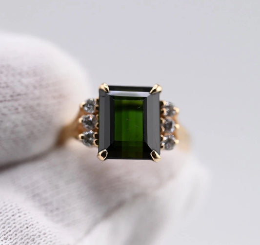 Emerald-Cut Green Tourmaline Flanked by Small Diamonds on 14K Yellow Gold Band0