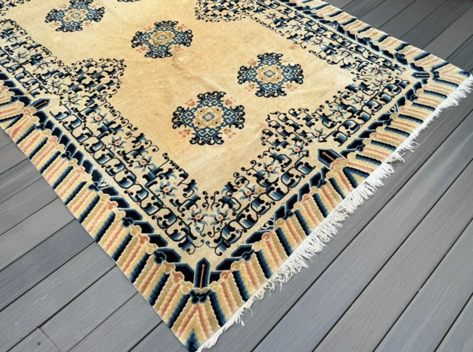 Gorgeous Antique Handmade Chinese Peking Wool Rug  6' x 9' Ivory Background3