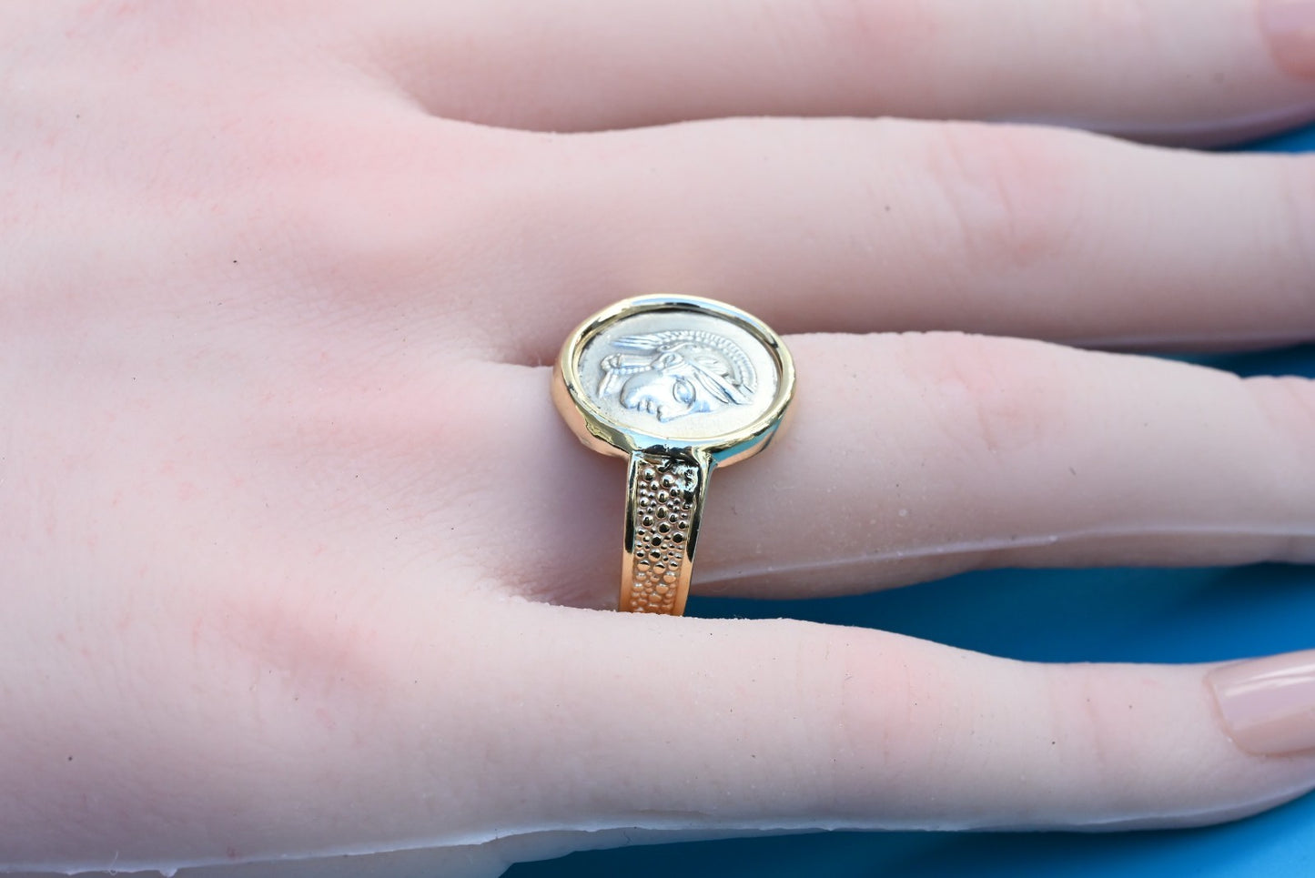 Amazing Goddess Athena & Her Owl Silver Coin Ring Set in 14K Yellow Gold3