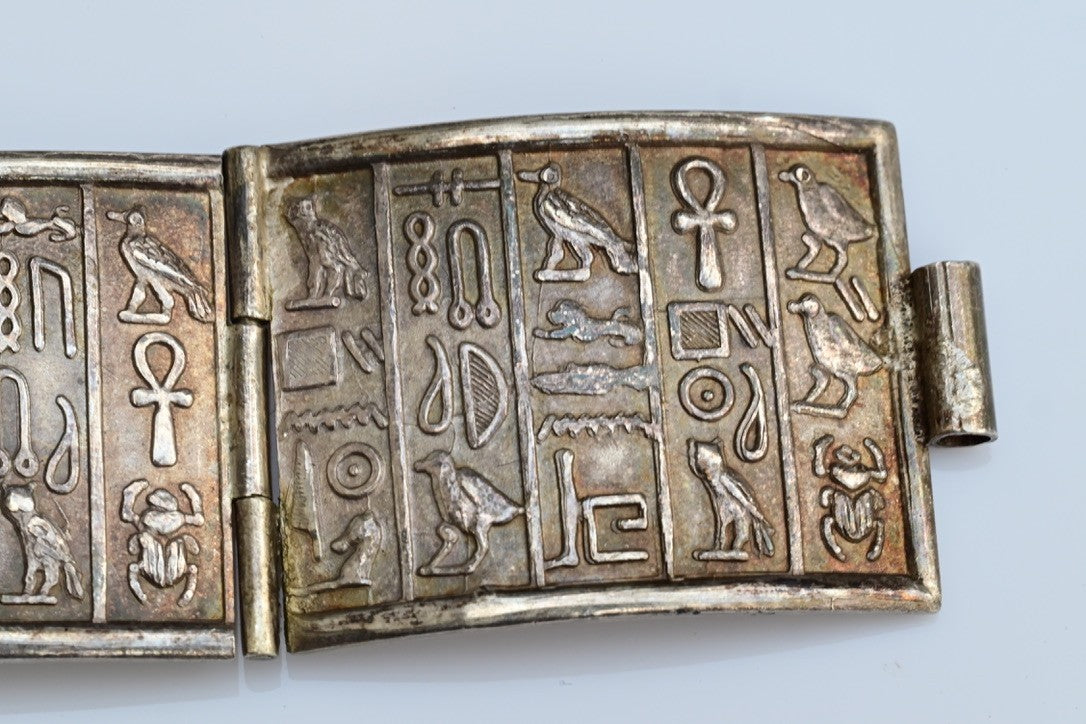 Gorgeous Egyptian Hieroglyphic Ancient style .900/1000 Silver Bracelet 7 1/2"6