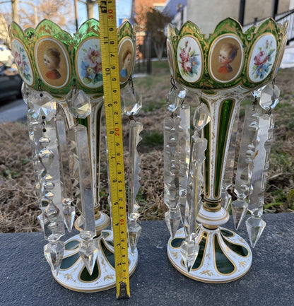 Antique 19th C. Bohemian Moser Glass Emerald Green Enameled & Gilt Lustres3