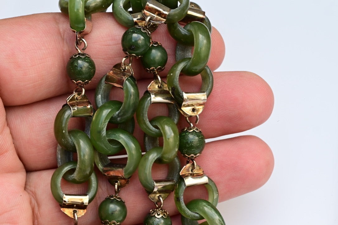 Antique / Vintage Light Spinach Natural Green Jade Devils Work Link Necklace5