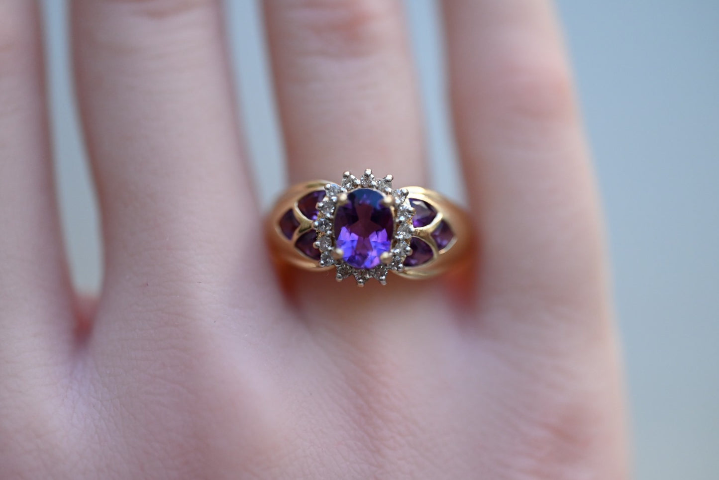 Gorgeous 14k Vintage-style Amethyst Cluster Cocktail Ring with Halo of Diamonds5
