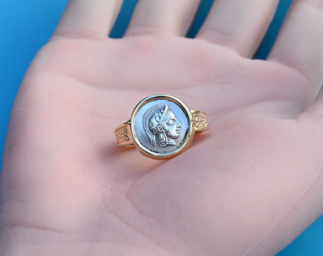 Amazing Goddess Athena & Her Owl Silver Coin Ring Set in 14K Yellow Gold5