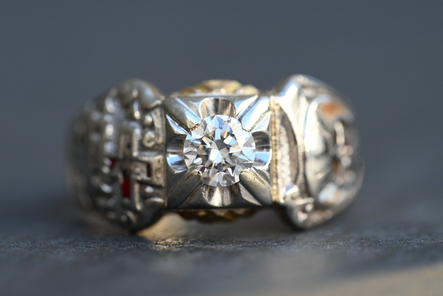 Awesome Vintage Two Tone 14k Gold Masonic Ring with .65 ct Round Diamond1