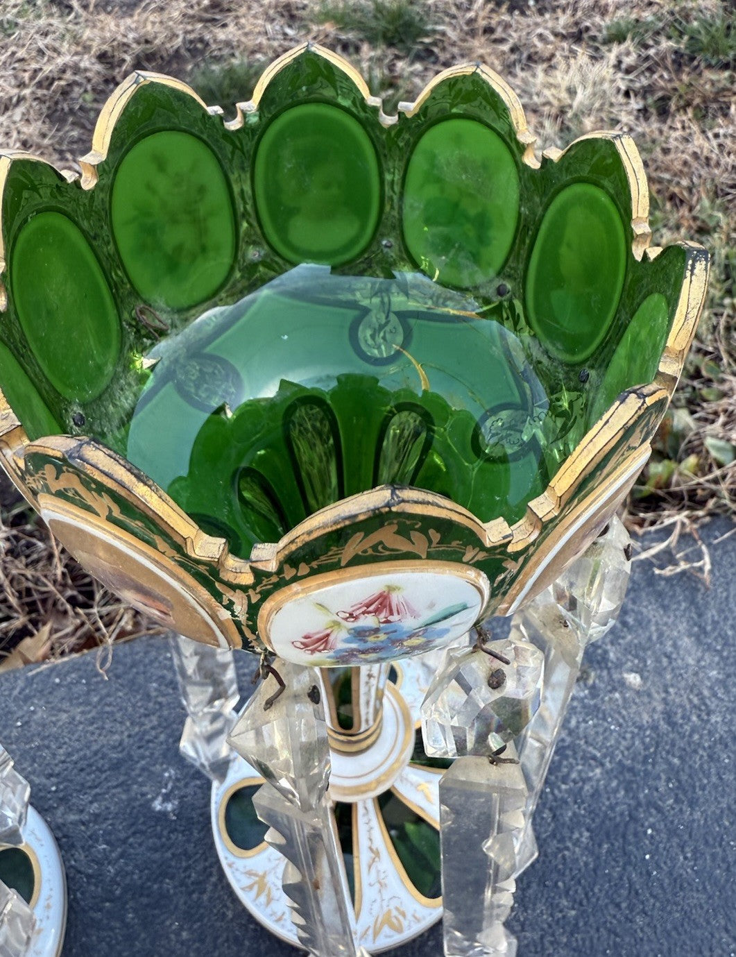 Antique 19th C. Bohemian Moser Glass Emerald Green Enameled & Gilt Lustres16