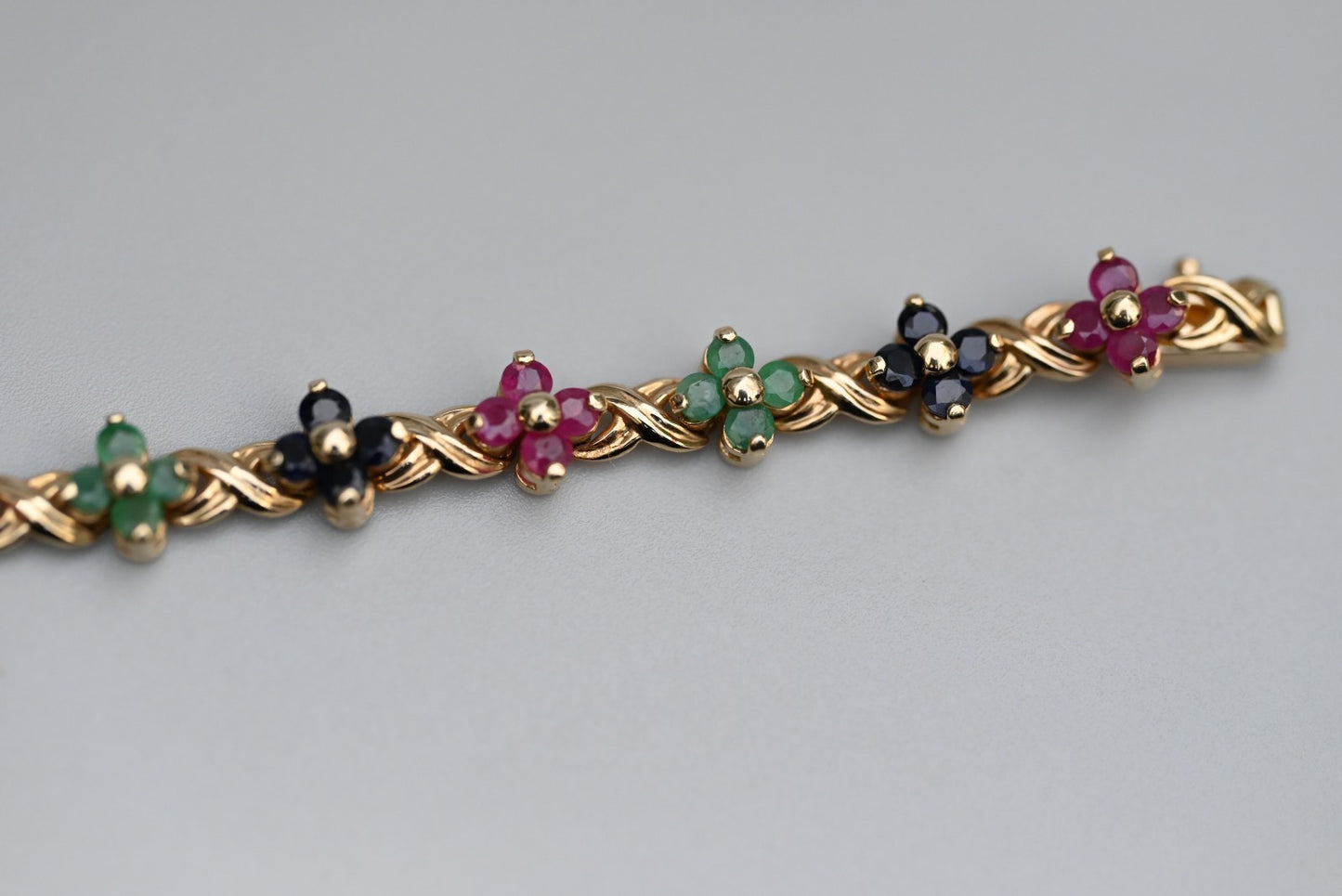 Beautiful Floral Tennis Bracelet with Sapphires, Rubies & Emeralds 14K YG 7 1/4"4