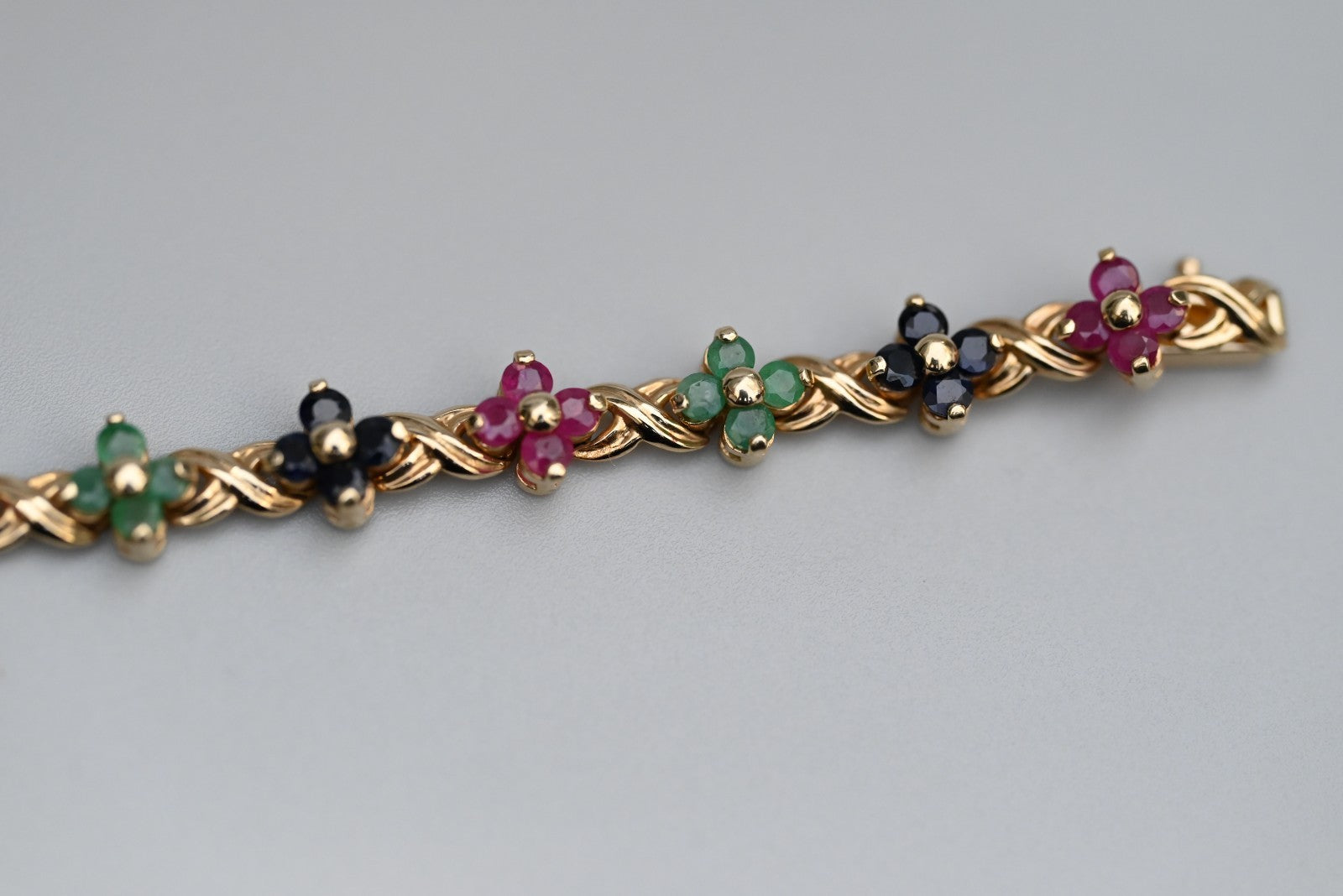 Beautiful Floral Tennis Bracelet with Sapphires, Rubies & Emeralds 14K YG 7 1/4"4