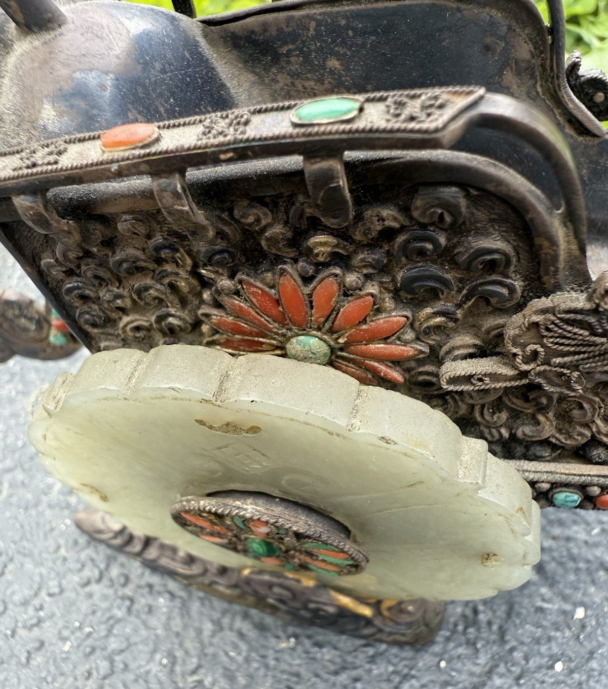 Antique Chinese Silver Sculpture of Dragon-Drawn Celestial Carriage Jade Wheels9