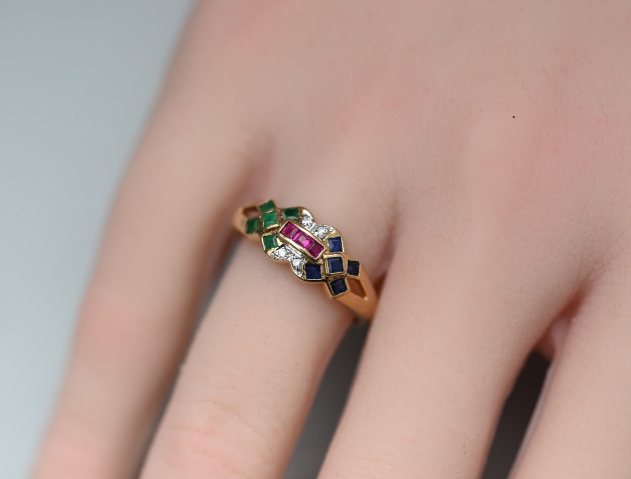Mosaic Design Multi-gemstone Emeralds, Sapphires, Rubies, & Diamonds 14k YG Ring4