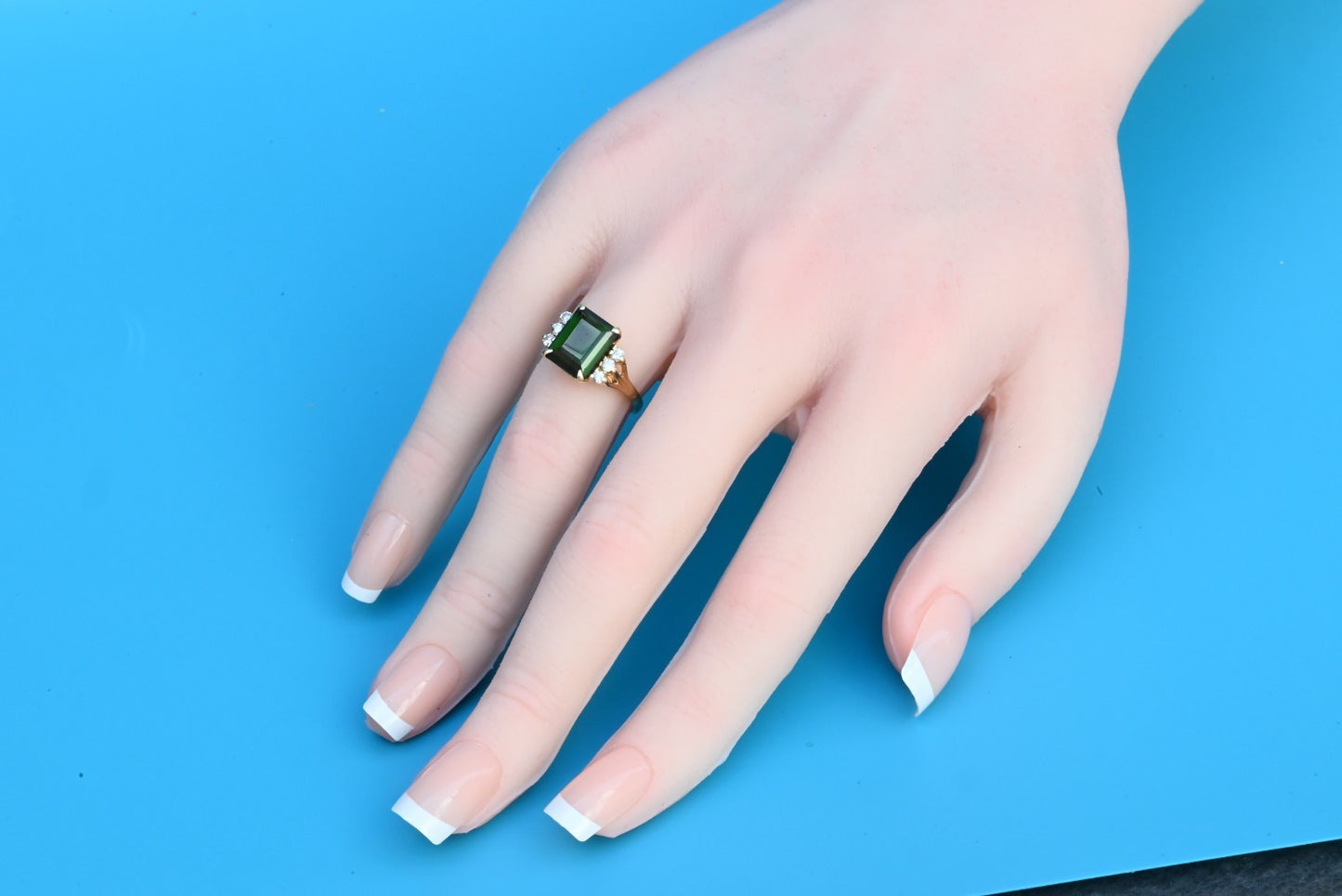 Emerald-Cut Green Tourmaline Flanked by Small Diamonds on 14K Yellow Gold Band8