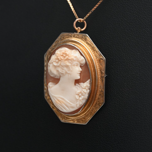 Wonderful Antique Carved Shell Cameo of Beautiful Woman Set in 10K Yellow Gold1