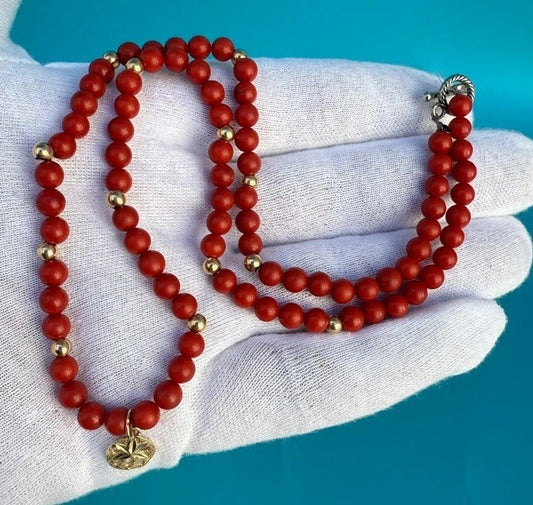 Unique Vintage Beaded Red Coral & 14k Yellow Gold Necklace W/ Gold Sand Dollar0