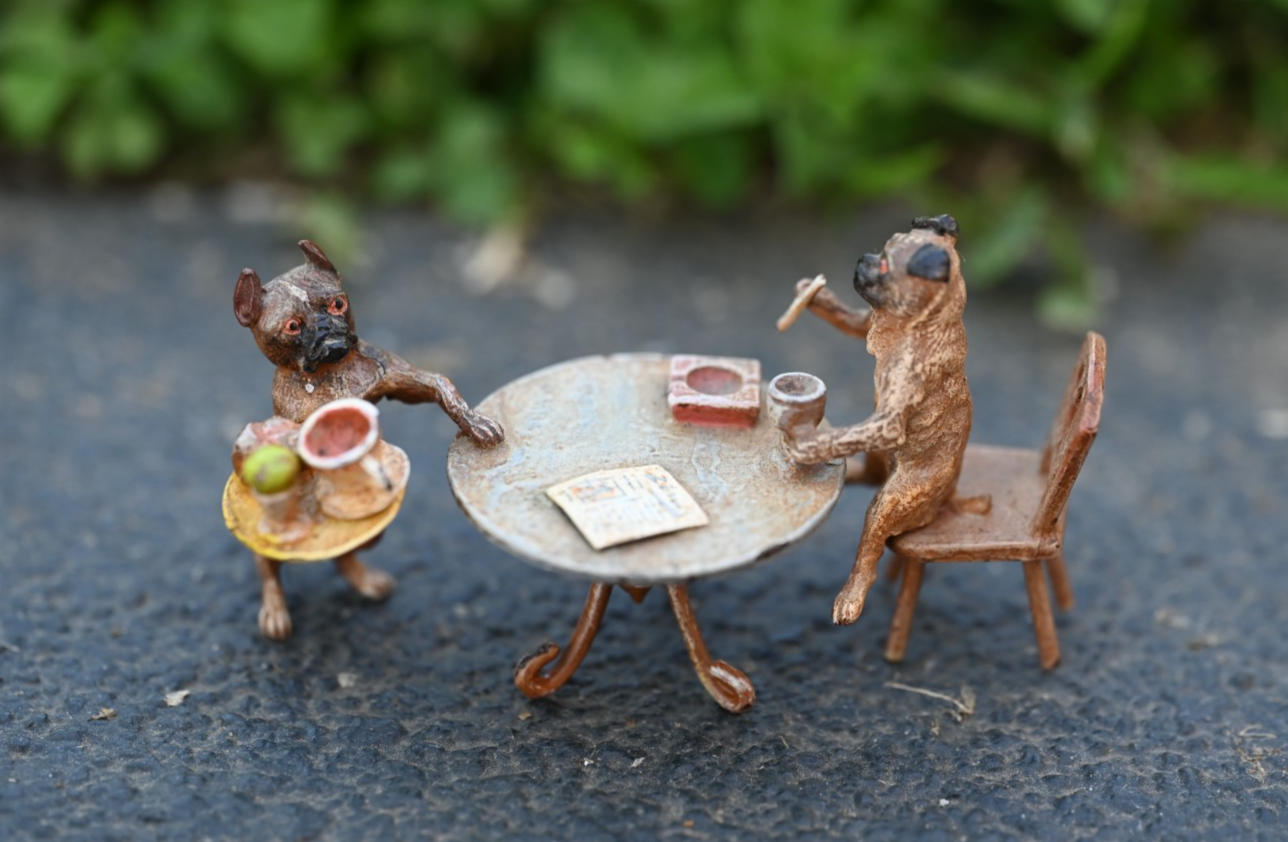 Vintage Austrian Vienna Cold Painted Bronze Figure of Pug Dogs Having Lunch12