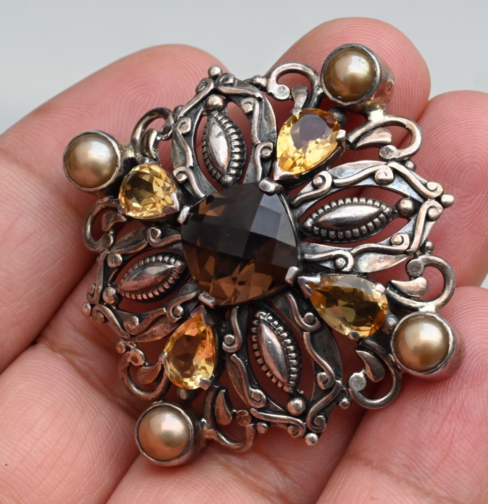 Sterling Silver Citrine Pearl Smokey Topaz / Smoky Quartz Brooch by Doug Paulus2