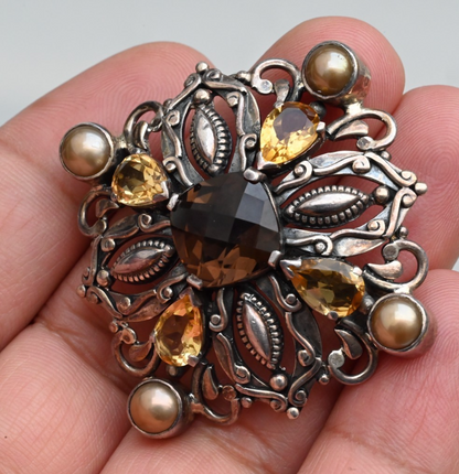 Sterling Silver Citrine Pearl Smokey Topaz / Smoky Quartz Brooch by Doug Paulus2