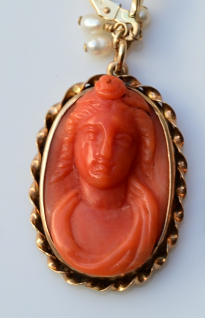 Antique Victorian Hand Carved Natural Red Coral Cameo Drop Dangle Earrings 14K2