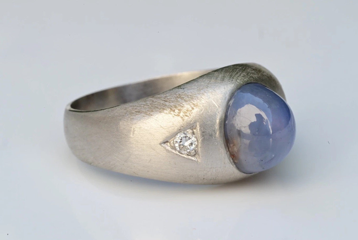 Early Art Deco Blue Star Sapphire Cabochon Ring With Diamond Accents In Platinum2