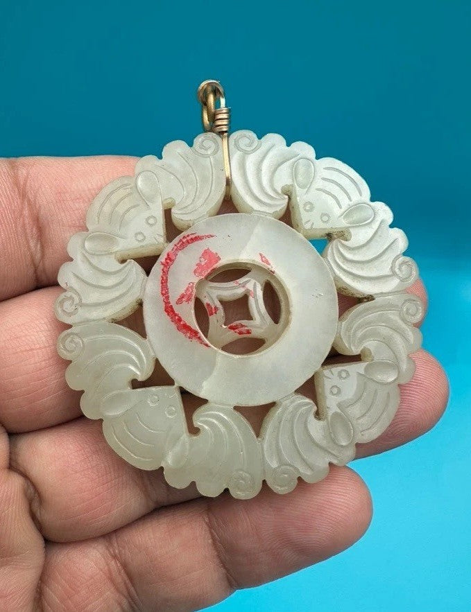 Amazing Antique Carved Chinese Lucky Bat Jade Pendant With Spinning Center5