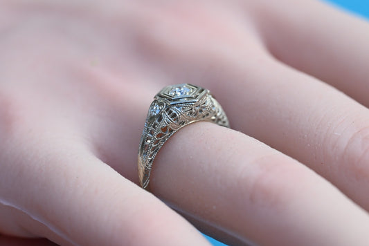 Amazing Antique Art Deco 1900s Diamonds & 18k White Gold Heart Design Ring 0