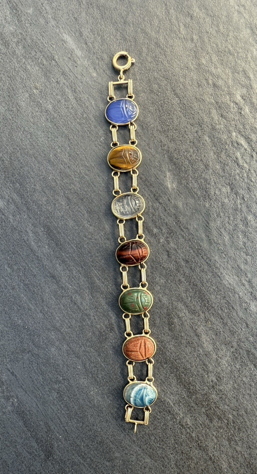 Beautiful Early Vintage 14k Yellow Gold Multi-Gemstone Scarab Beetle Bracelet6