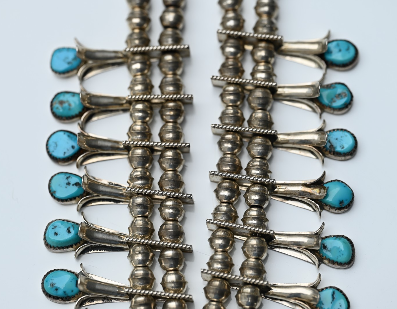 Lovely Native American Blue Turquoise & Sterling Silver Squash Blossom Necklace3
